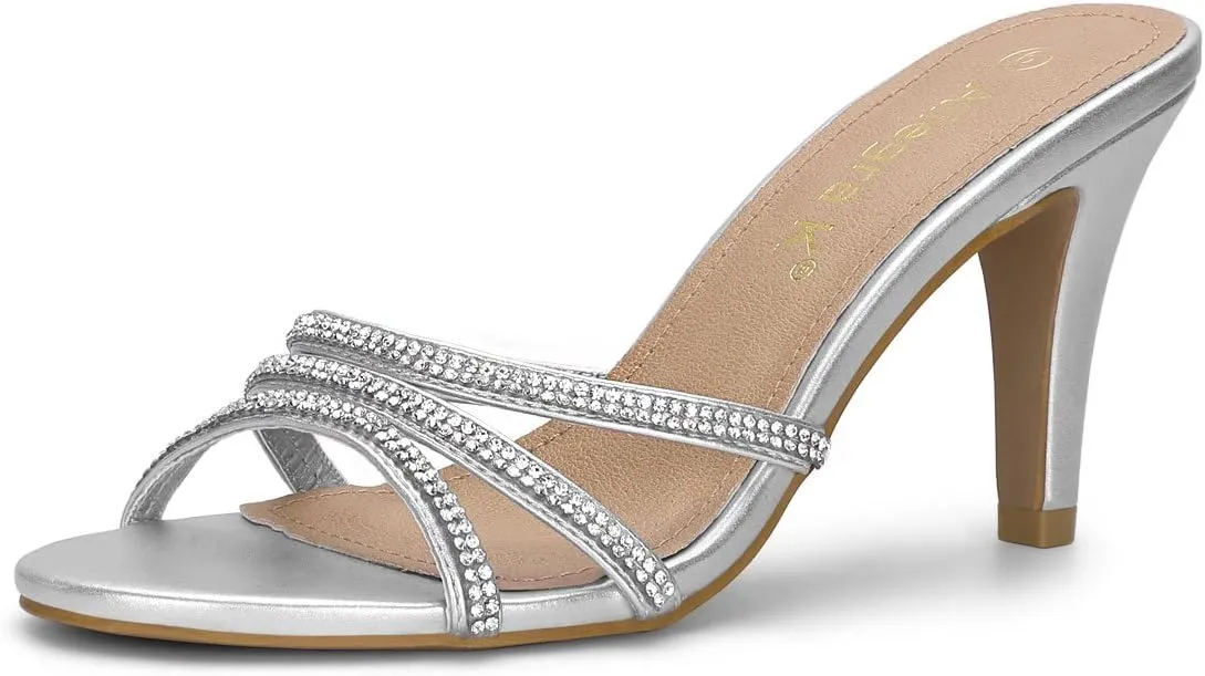 Allegra K Women's Open Toe Rhinestone Strappy Stiletto Heels Sandals Slip On Slip On Mules
