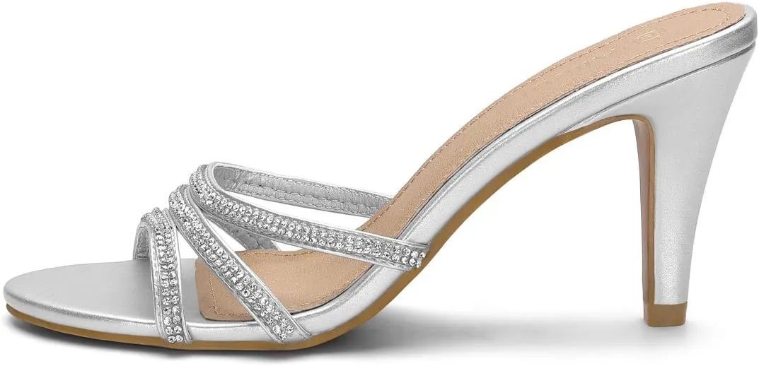 Allegra K Women's Open Toe Rhinestone Strappy Stiletto Heels Sandals Slip On Slip On Mules