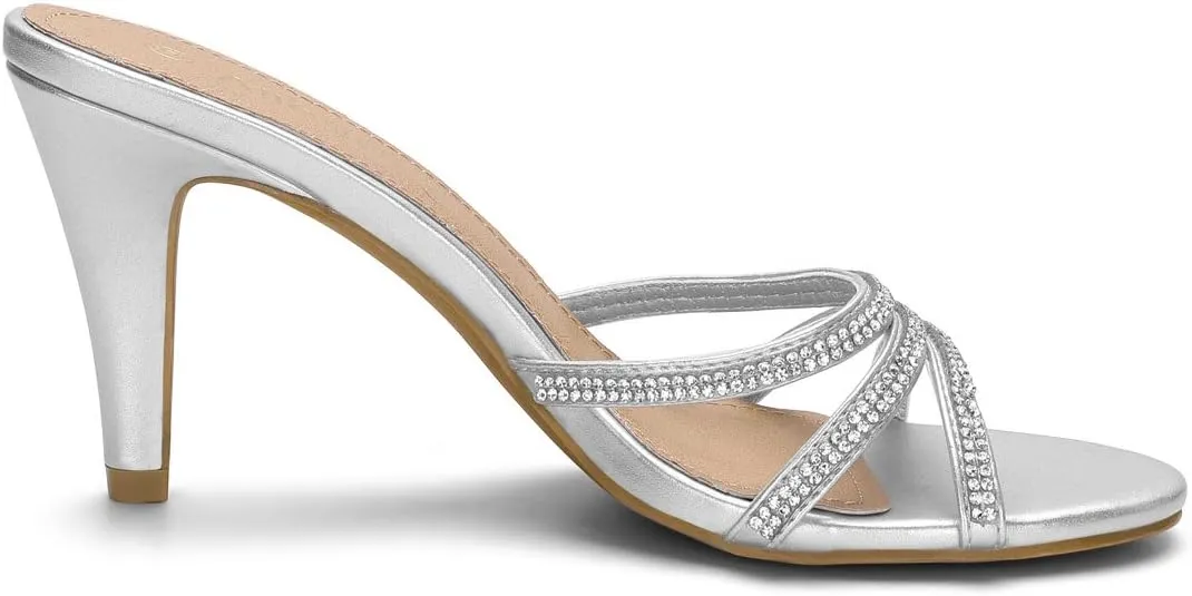 Allegra K Women's Open Toe Rhinestone Strappy Stiletto Heels Sandals Slip On Slip On Mules
