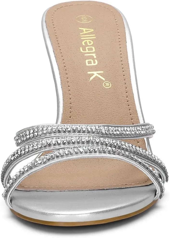 Allegra K Women's Open Toe Rhinestone Strappy Stiletto Heels Sandals Slip On Slip On Mules