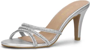 Allegra K Women's Open Toe Rhinestone Strappy Stiletto Heels Sandals Slip On Slip On Mules