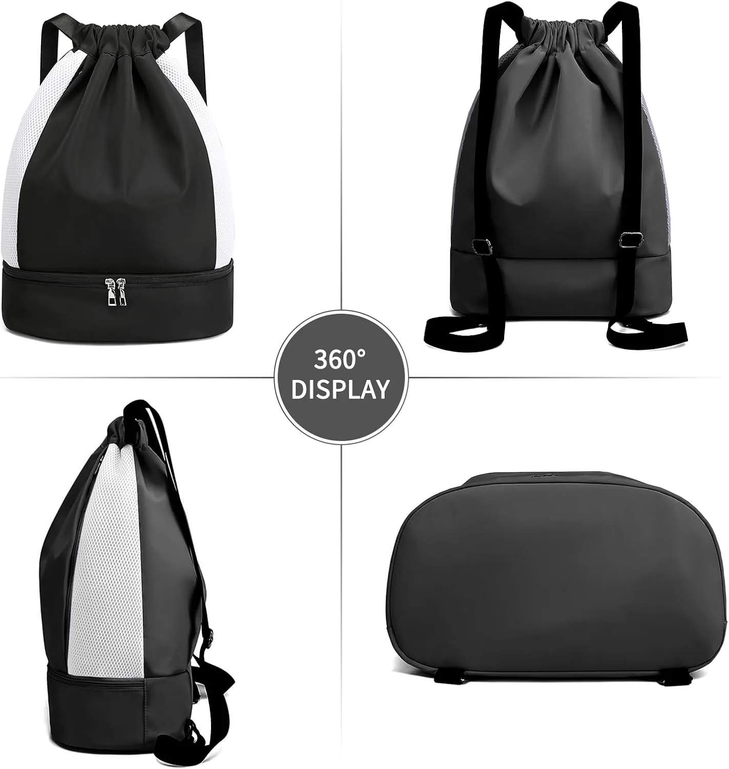 ALUSBELL Large Drawstring Backpack Sports Gym Sackpack Basketball Bag String Bag Cinch Beach Swim Bag for Women Men,Black