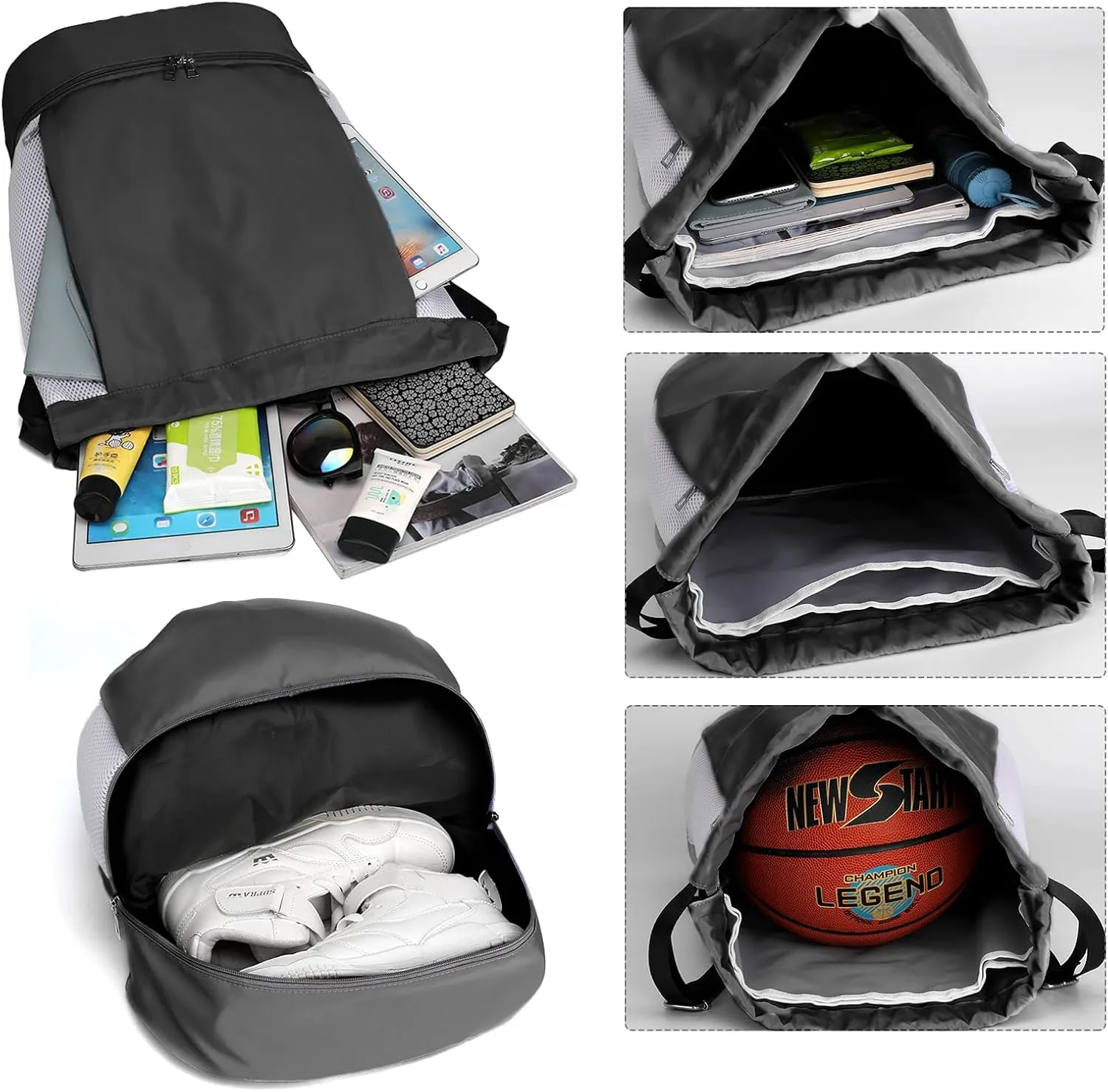 ALUSBELL Large Drawstring Backpack Sports Gym Sackpack Basketball Bag String Bag Cinch Beach Swim Bag for Women Men,Black