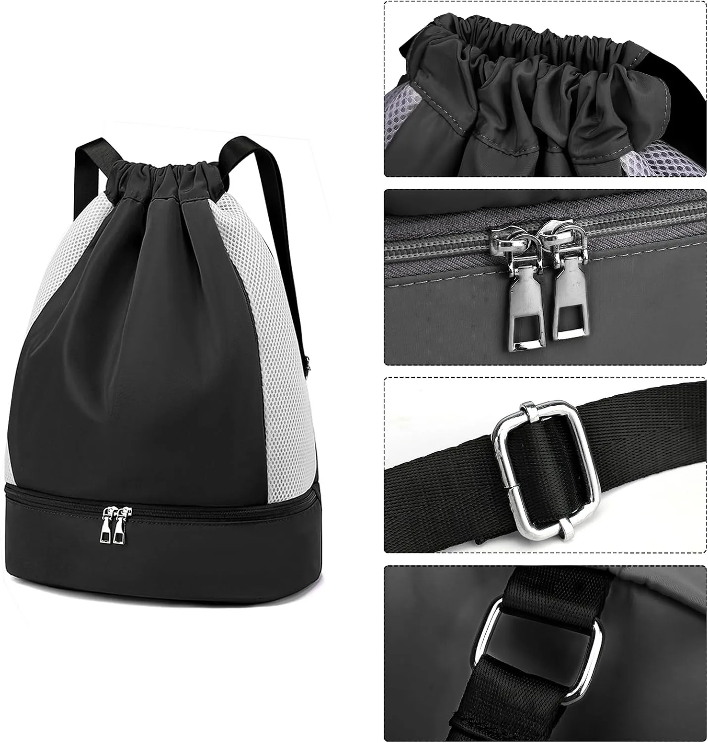 ALUSBELL Large Drawstring Backpack Sports Gym Sackpack Basketball Bag String Bag Cinch Beach Swim Bag for Women Men,Black