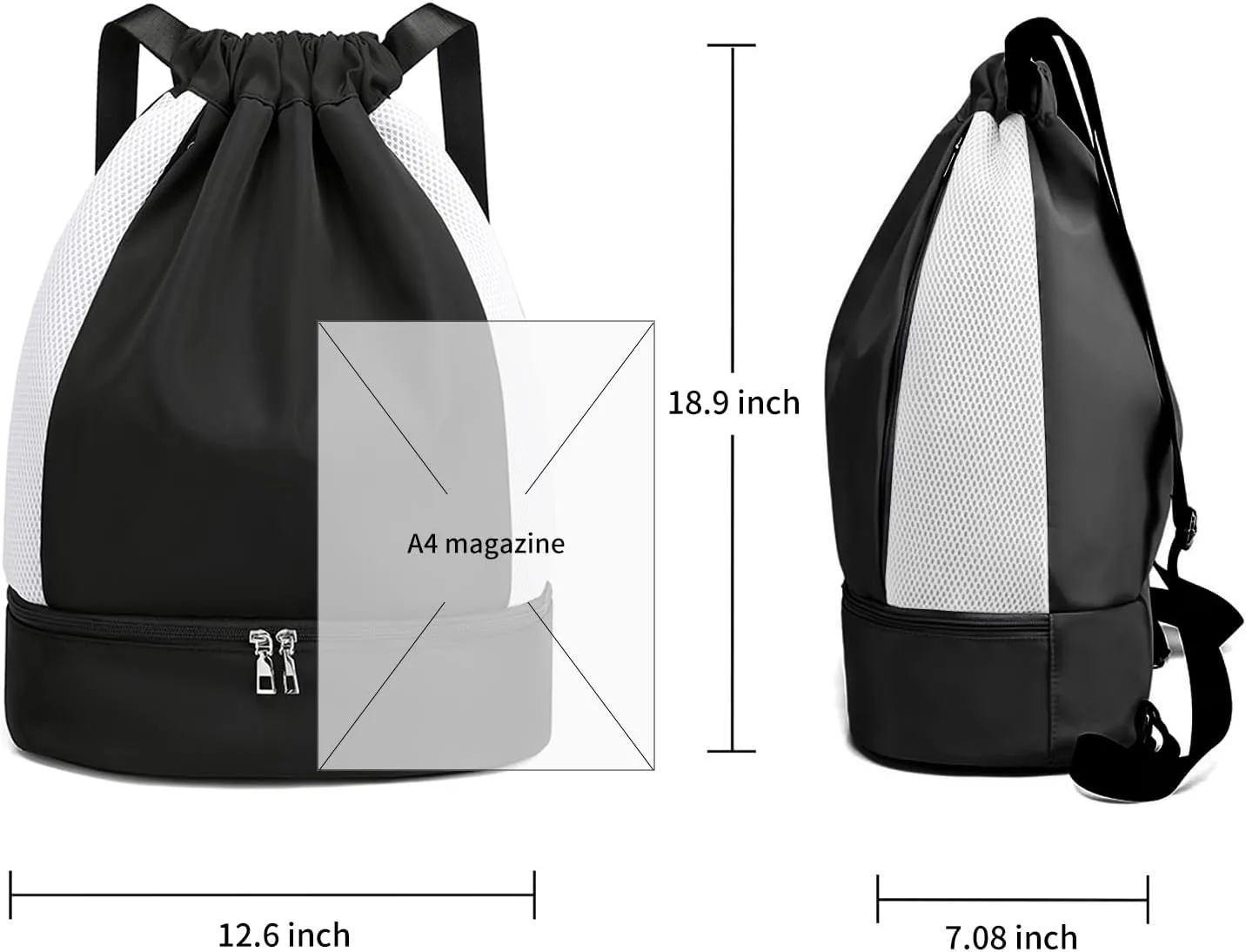 ALUSBELL Large Drawstring Backpack Sports Gym Sackpack Basketball Bag String Bag Cinch Beach Swim Bag for Women Men,Black