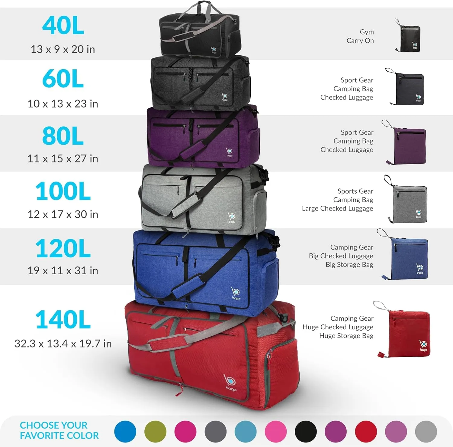 Bago Big XXL Foldable Duffel Bags for Traveling Women & Men - 140L Packable Duffle Bag for Travel with Shoe Compartment - Water Repellant, Heavy Duty, Lightweight Folding & Collapsible (Blue)