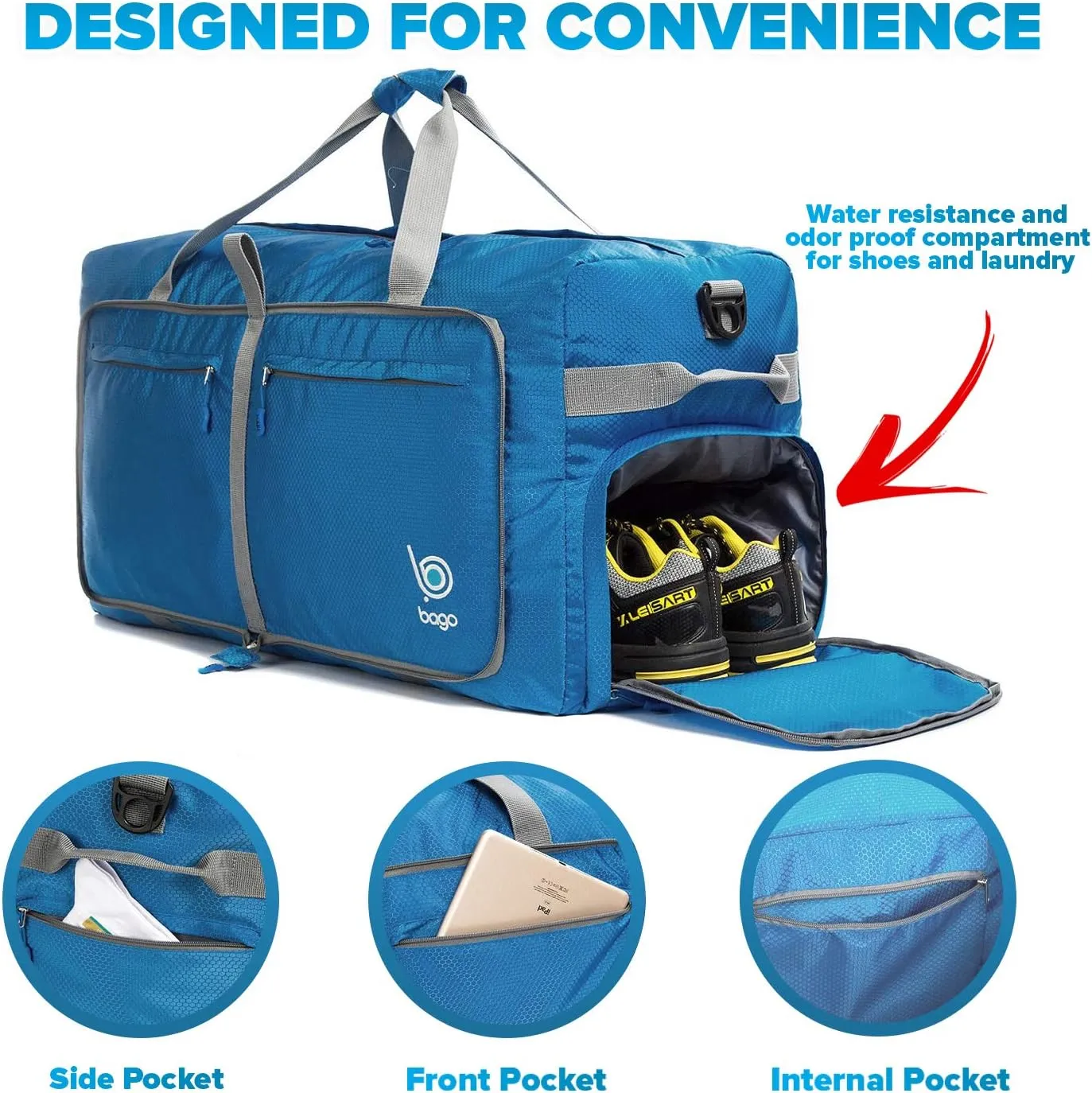 Bago Big XXL Foldable Duffel Bags for Traveling Women & Men - 140L Packable Duffle Bag for Travel with Shoe Compartment - Water Repellant, Heavy Duty, Lightweight Folding & Collapsible (Blue)