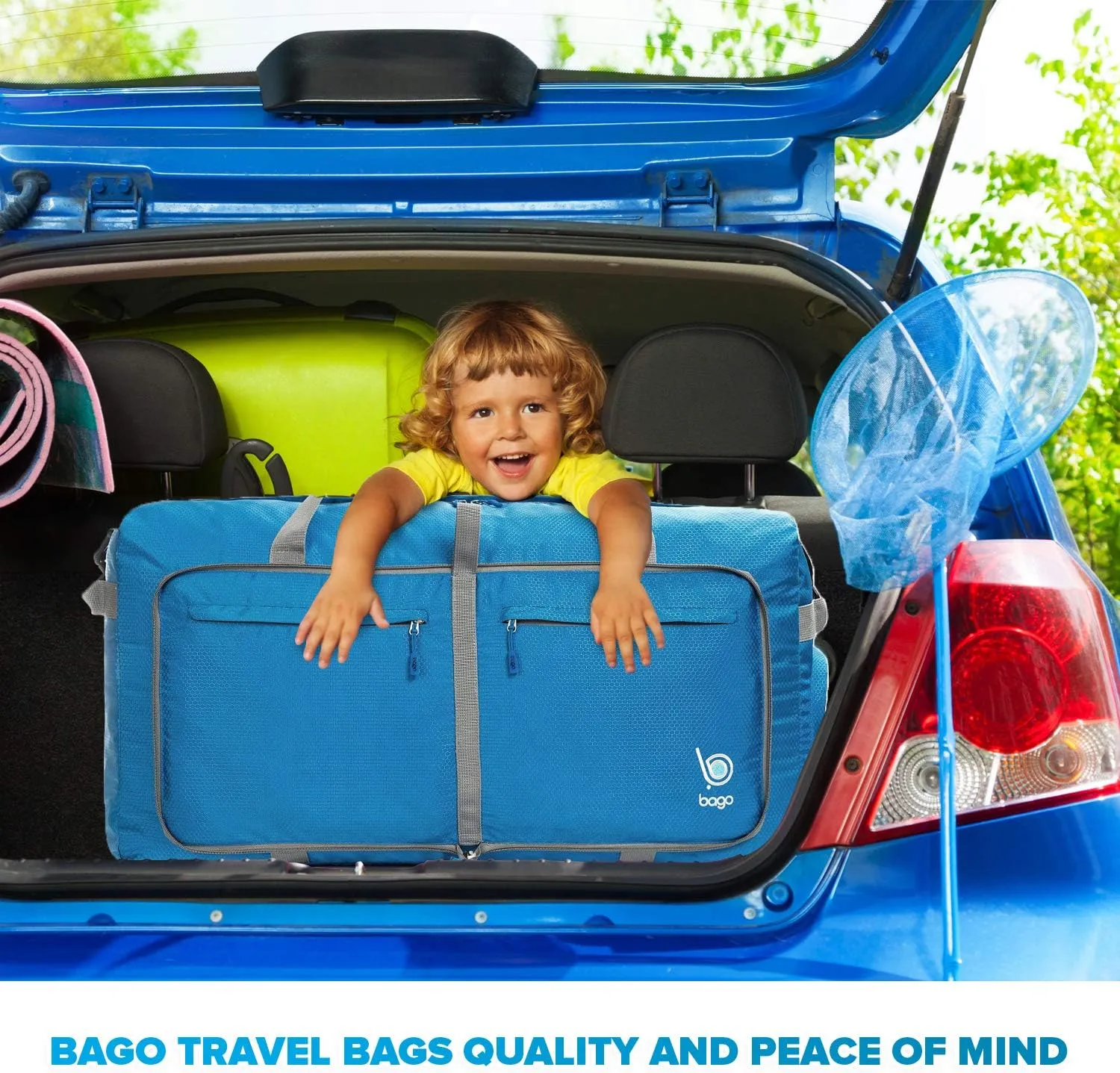 Bago Big XXL Foldable Duffel Bags for Traveling Women & Men - 140L Packable Duffle Bag for Travel with Shoe Compartment - Water Repellant, Heavy Duty, Lightweight Folding & Collapsible (Blue)