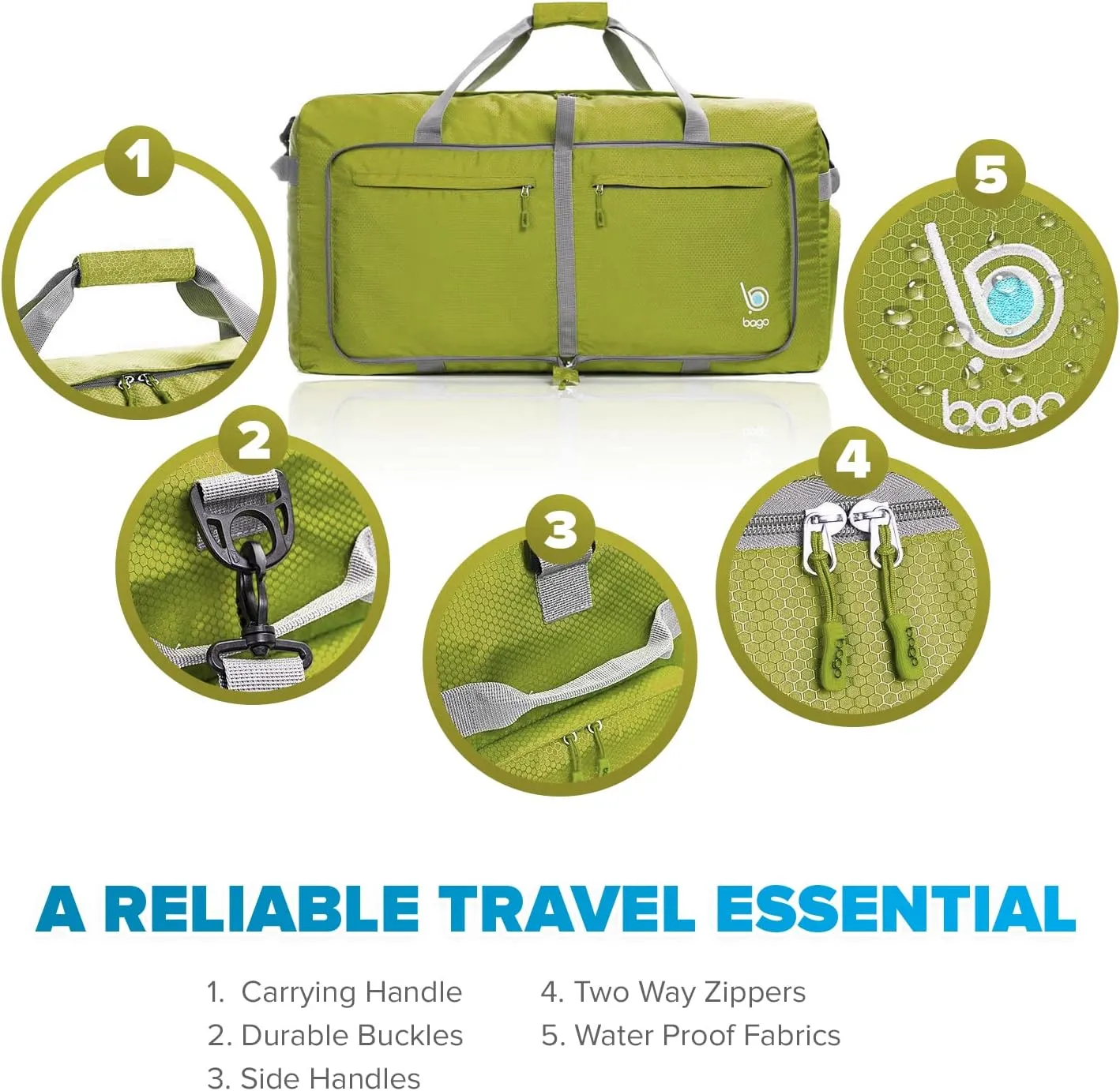 Bago Foldable Duffel Bags for Traveling Women & Men - 40L Sports Packable Duffle Bag for Travel with Shoe Compartment - Water Repellant, Heavy Duty, Lightweight Folding & Collapsible (Green)