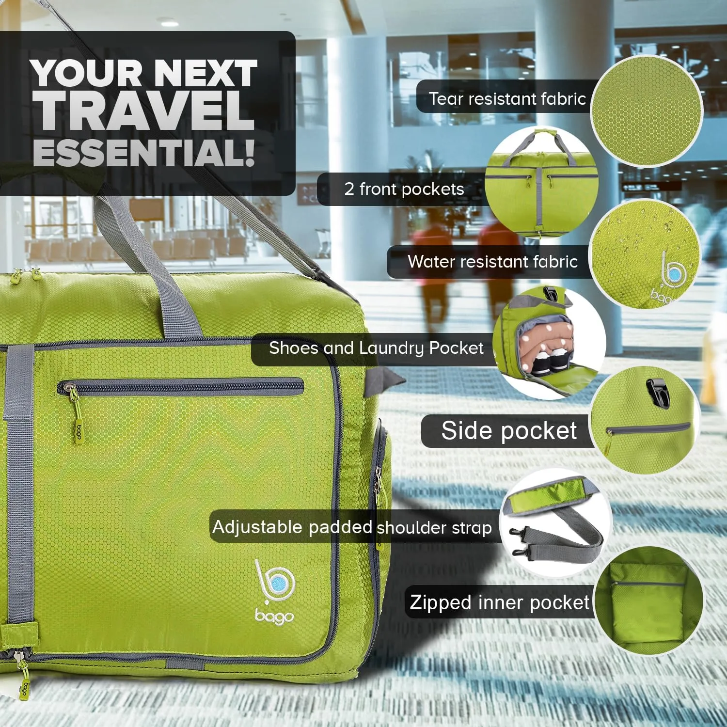 Bago Foldable Duffel Bags for Traveling Women & Men - 40L Sports Packable Duffle Bag for Travel with Shoe Compartment - Water Repellant, Heavy Duty, Lightweight Folding & Collapsible (Green)