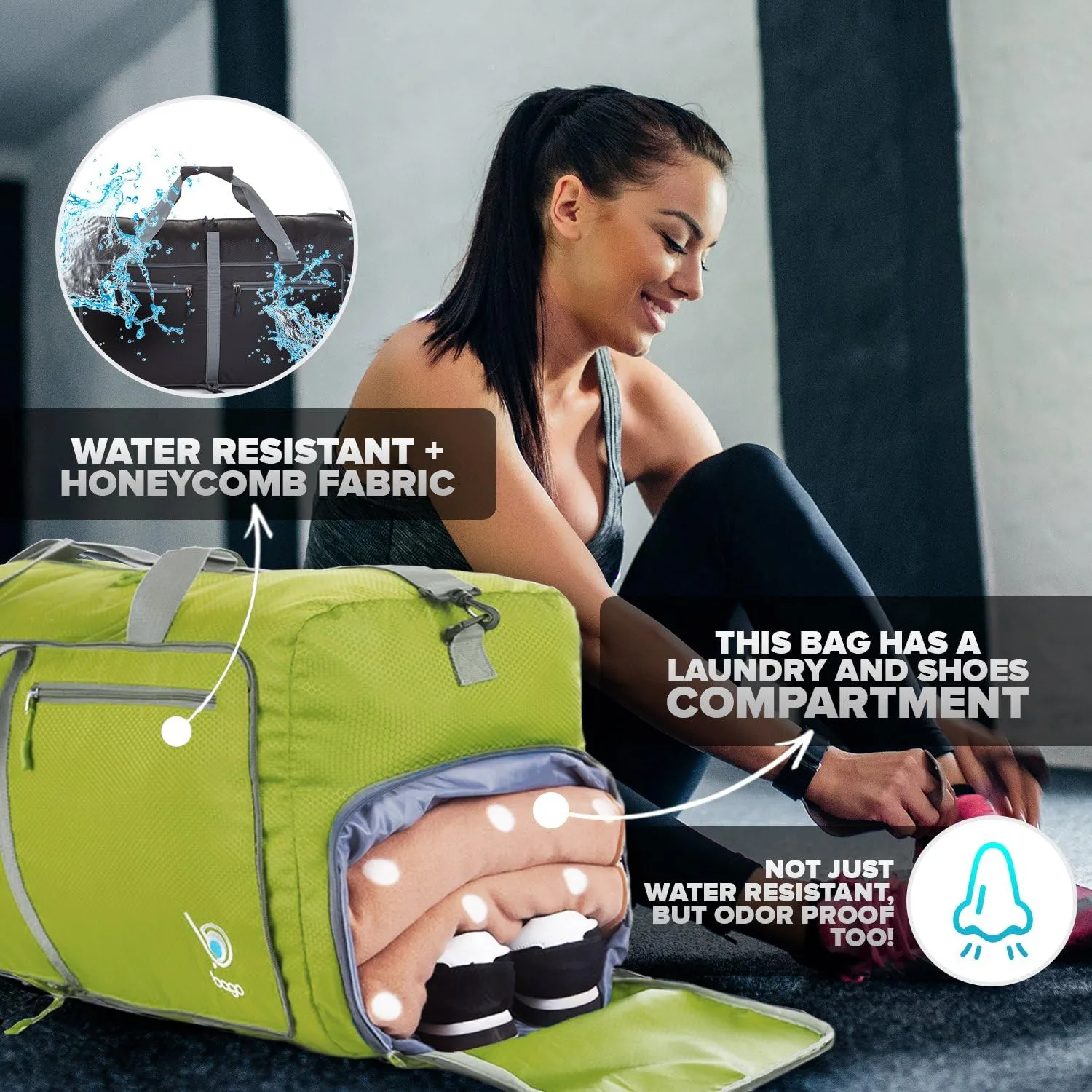 Bago Foldable Duffel Bags for Traveling Women & Men - 40L Sports Packable Duffle Bag for Travel with Shoe Compartment - Water Repellant, Heavy Duty, Lightweight Folding & Collapsible (Green)