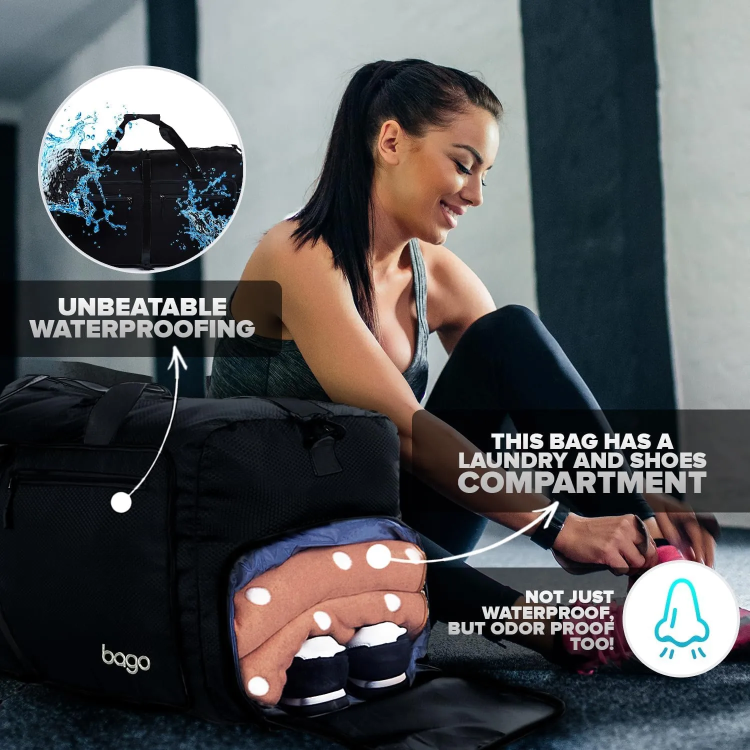 Bago Large Foldable Duffel Bags for Traveling Women & Men - 100L Packable Duffle Bag for Travel with Shoe Compartment - Water Repellant, Heavy Duty, Lightweight Folding & Collapsible (All Black)