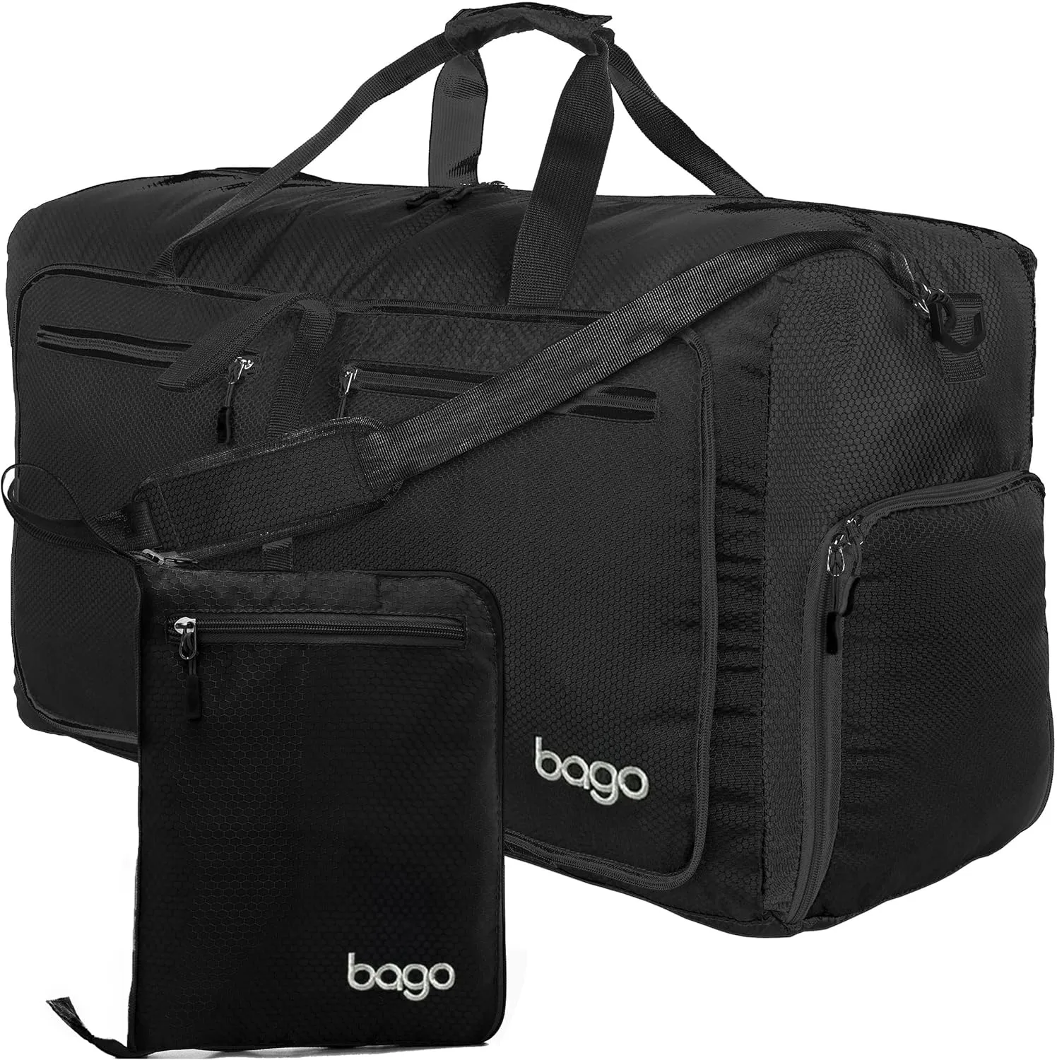 Bago Large Foldable Duffel Bags for Traveling Women & Men - 100L Packable Duffle Bag for Travel with Shoe Compartment - Water Repellant, Heavy Duty, Lightweight Folding & Collapsible (All Black)