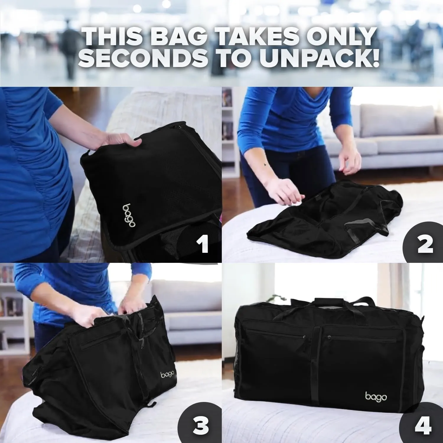 Bago Large Foldable Duffel Bags for Traveling Women & Men - 100L Packable Duffle Bag for Travel with Shoe Compartment - Water Repellant, Heavy Duty, Lightweight Folding & Collapsible (All Black)