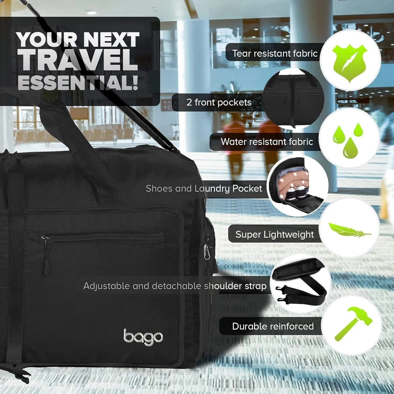 Bago Large Foldable Duffel Bags for Traveling Women & Men - 100L Packable Duffle Bag for Travel with Shoe Compartment - Water Repellant, Heavy Duty, Lightweight Folding & Collapsible (All Black)