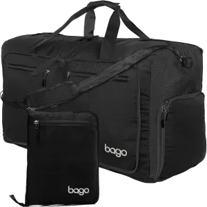 Bago Large Foldable Duffel Bags for Traveling Women & Men - 100L Packable Duffle Bag for Travel with Shoe Compartment - Water Repellant, Heavy Duty, Lightweight Folding & Collapsible (All Black)