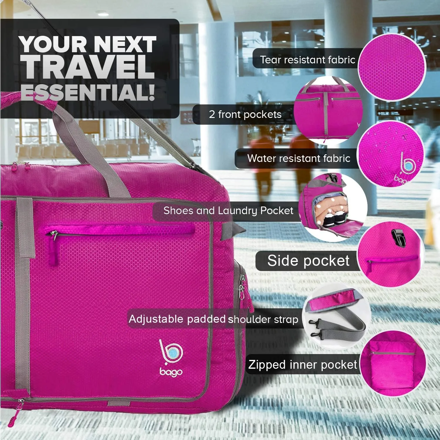 Bago Large Foldable Duffel Bags for Traveling Women & Men - 120L Packable Duffle Bag for Travel with Shoe Compartment - Water Repellant, Heavy Duty, Lightweight Folding & Collapsible (Pink)