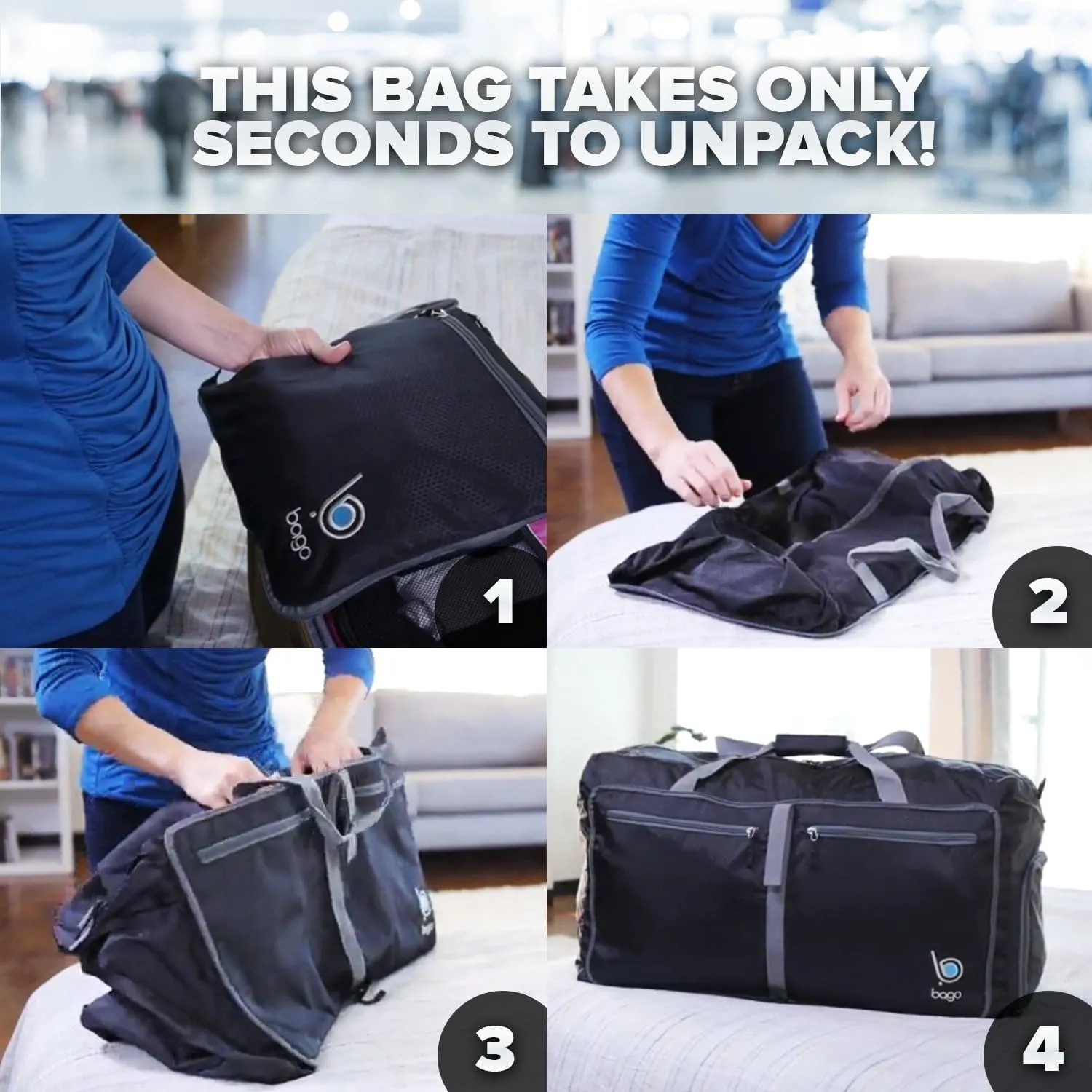 Bago Large Foldable Duffel Bags for Traveling Women & Men - 120L Packable Duffle Bag for Travel with Shoe Compartment - Water Repellant, Heavy Duty, Lightweight Folding & Collapsible (Pink)