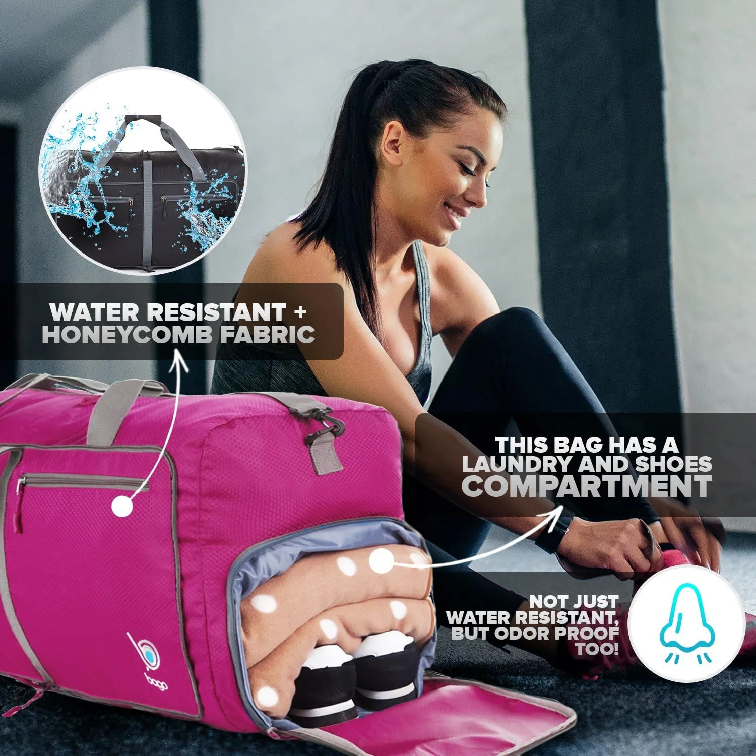 Bago Large Foldable Duffel Bags for Traveling Women & Men - 120L Packable Duffle Bag for Travel with Shoe Compartment - Water Repellant, Heavy Duty, Lightweight Folding & Collapsible (Pink)