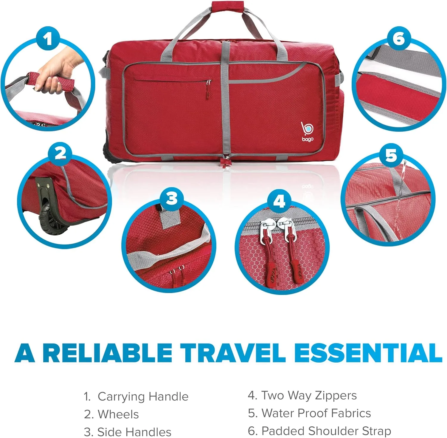 Bago Rolling Duffle Bag with Wheels - 31" 120L Foldable Weekender Bag, Waterproof Travel Duffel Bag, Heavy Duty lightWeight Duffle Bag for Traveling, Rolling Duffel Bag with Wheels (Red2023)