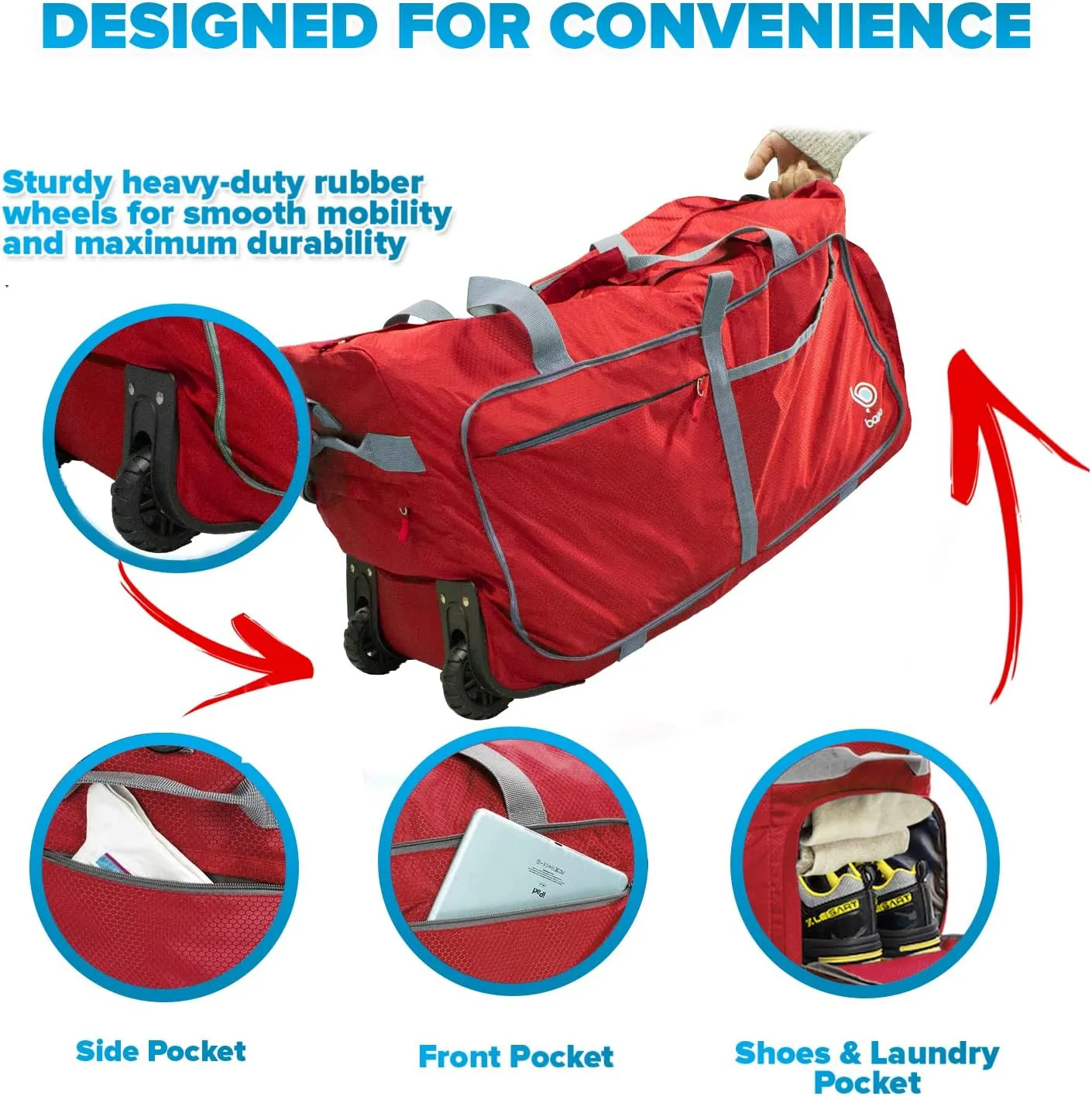 Bago Rolling Duffle Bag with Wheels - 31" 120L Foldable Weekender Bag, Waterproof Travel Duffel Bag, Heavy Duty lightWeight Duffle Bag for Traveling, Rolling Duffel Bag with Wheels (Red2023)