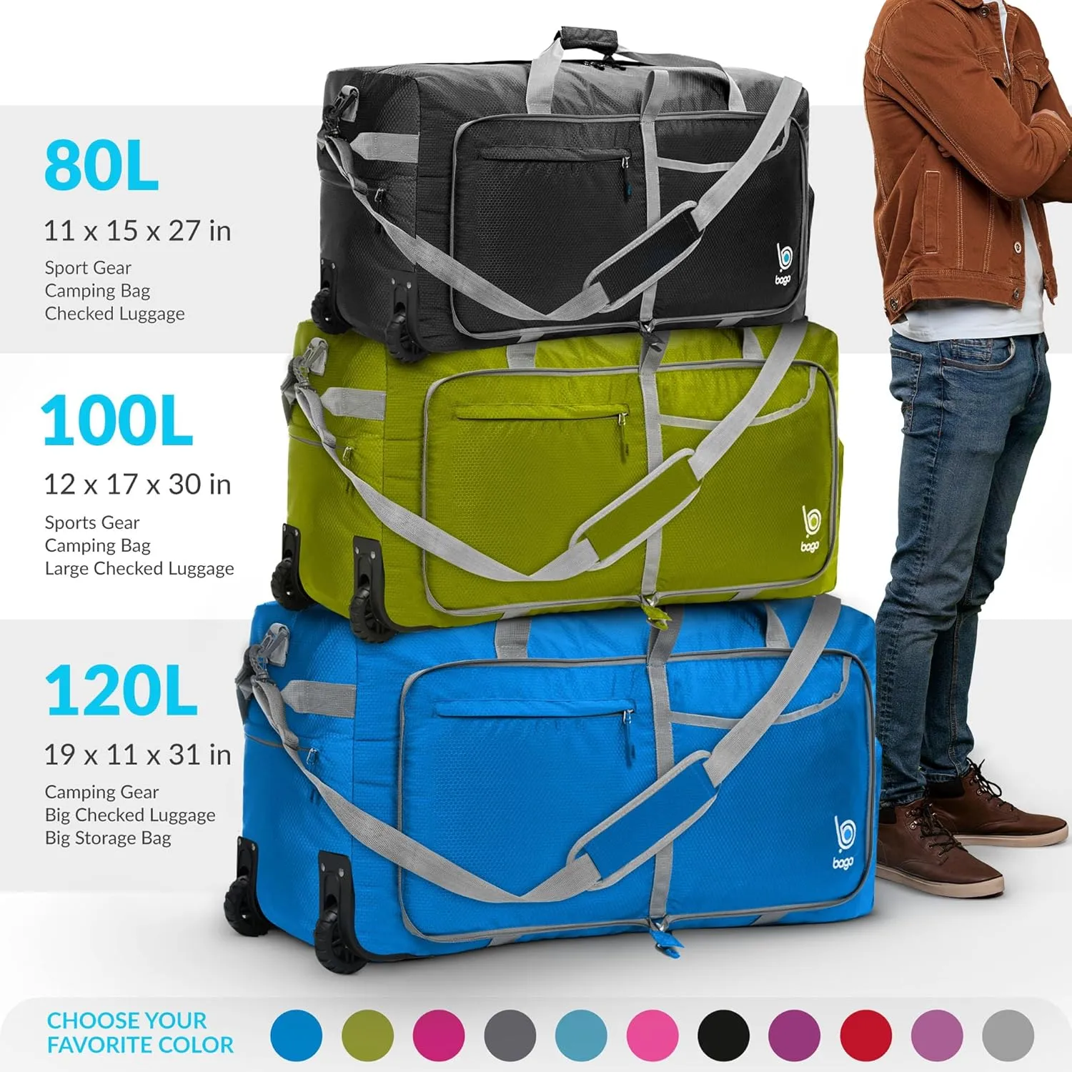 Bago Rolling Duffle Bag with Wheels - 31" 120L Foldable Weekender Bag, Waterproof Travel Duffel Bag, Heavy Duty lightWeight Duffle Bag for Traveling, Rolling Duffel Bag with Wheels (Red2023)