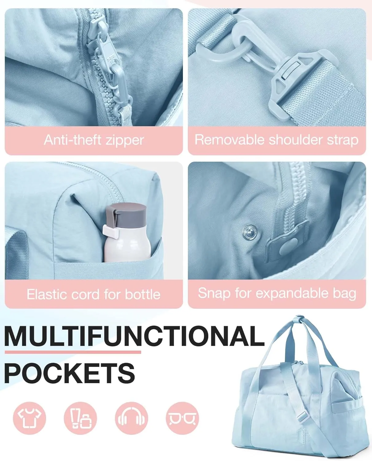 BAGSMART BAGSMART Gym Bag for Women, Carry on Weekender Overnight Bag, Travel Duffel Bags with Trolley Sleeve, Personal Item Travel Bag Tote Bag Workout Dance Bag(Light Blue,Medium)