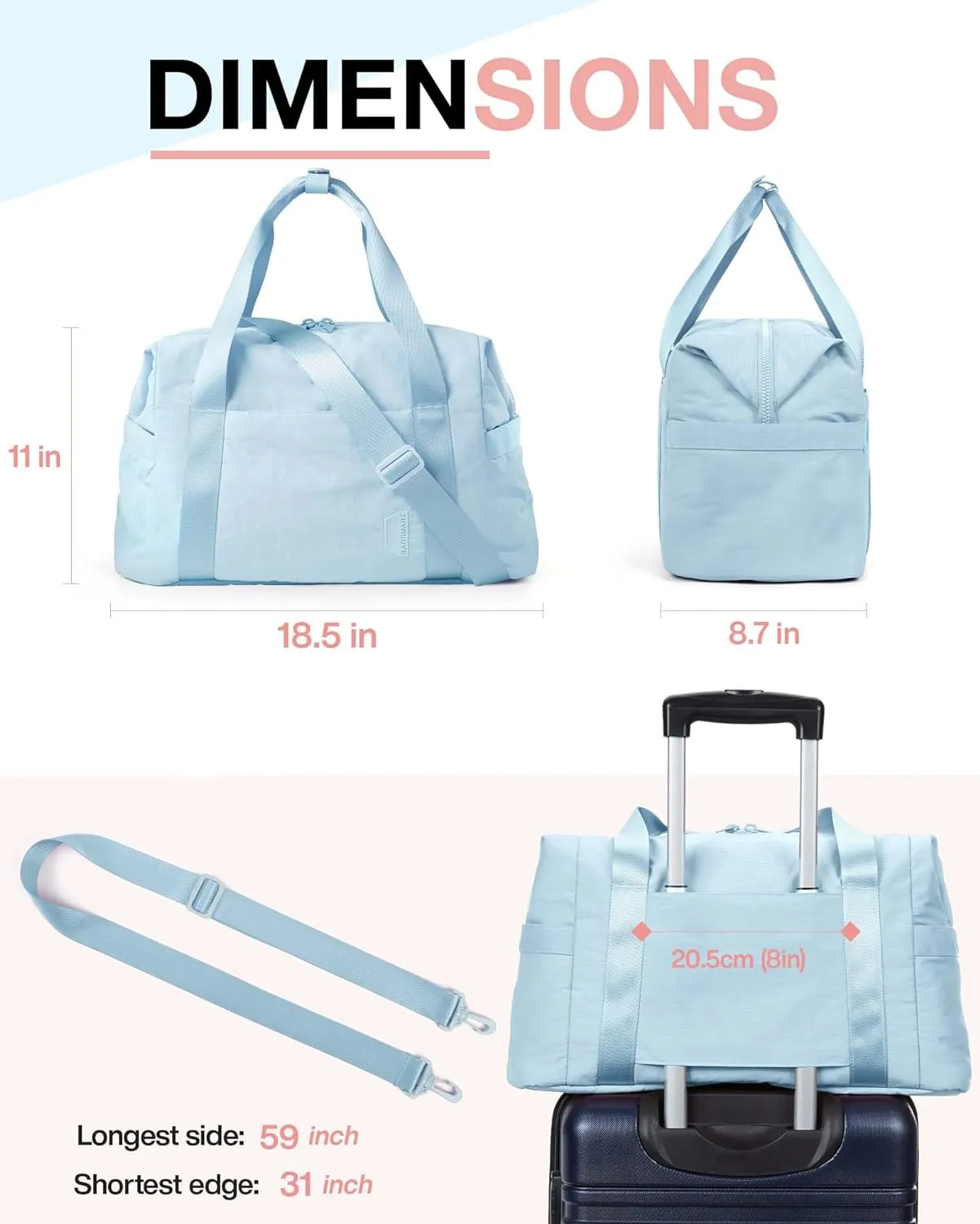 BAGSMART BAGSMART Gym Bag for Women, Carry on Weekender Overnight Bag, Travel Duffel Bags with Trolley Sleeve, Personal Item Travel Bag Tote Bag Workout Dance Bag(Light Blue,Medium)