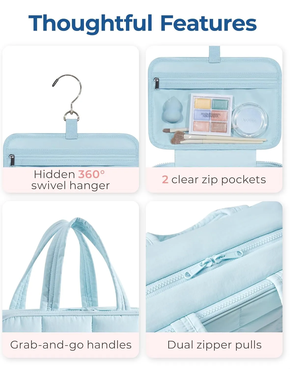 BAGSMART Travel Toiletry Bag with Jewelry Organizer, Hanging Travel Bag for Toiletries, Puffy Makeup Cosmetic Bag Organizer, Carry-on Travel Accessories Essentials, Light Blue-L