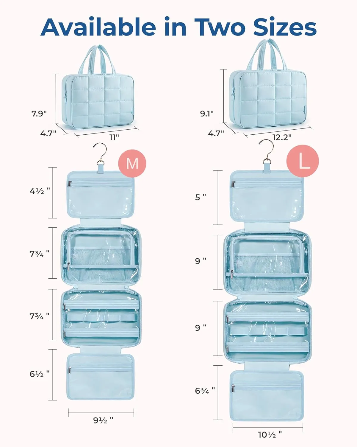 BAGSMART Travel Toiletry Bag with Jewelry Organizer, Hanging Travel Bag for Toiletries, Puffy Makeup Cosmetic Bag Organizer, Carry-on Travel Accessories Essentials, Light Blue-L