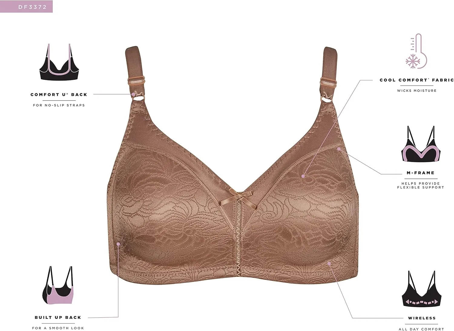 Bali Women's Double Support Wireless, Lace Bra with Stay-in-Place Straps, Full-Coverage