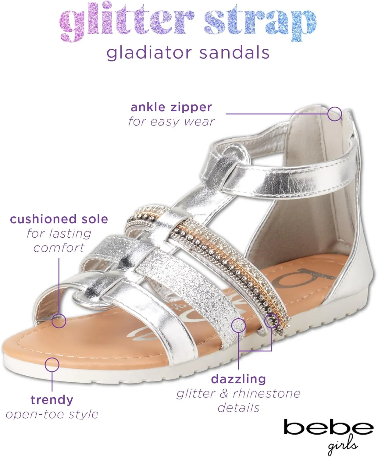 bebe Girls' Sandals - Open Toe Summer Shoes Cute Flat Strappy Gladiator Sandals with Ankle Zipper and Cushioned Sole
