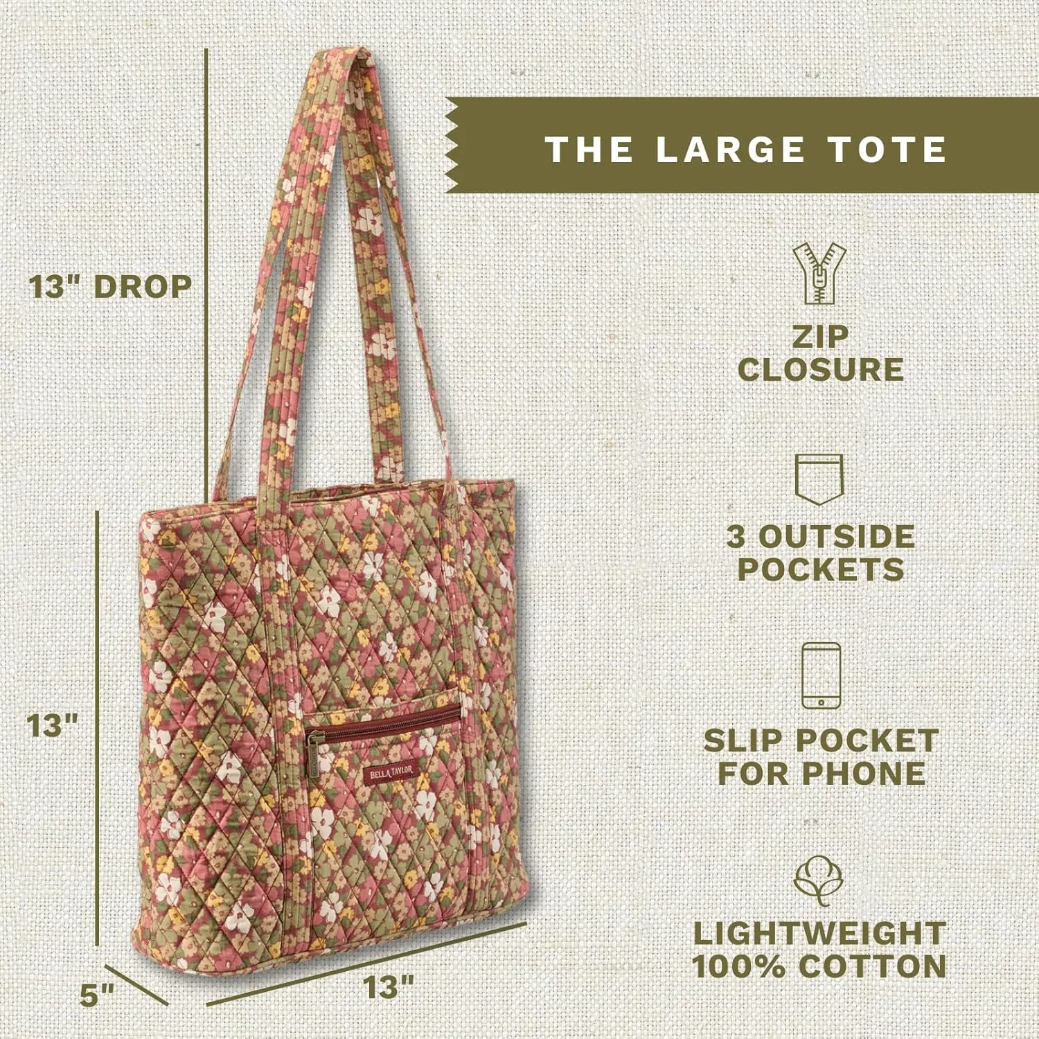 Bella Taylor Large Tote | Lightweight Quilted Fabric Tote Bags for Women