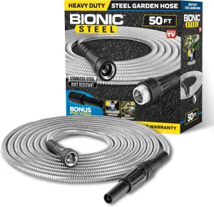 Bionic Steel 50Ft Garden Hose with Nozzle, 304 Stainless Steel Metal 50Ft Water Hose, Flexible Hose, Lightweight & Heavy Duty, Crush Resistant Fittings, Easy to Coil, 500 PSI, 2025 Model