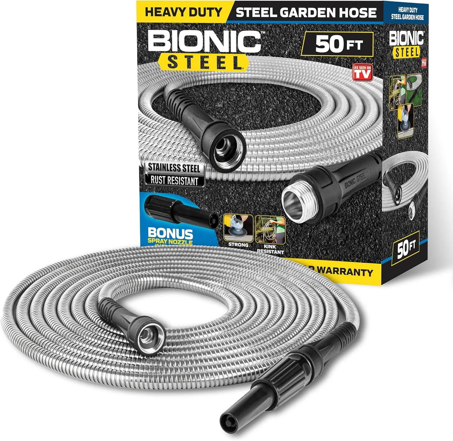 Bionic Steel 50Ft Garden Hose with Nozzle, 304 Stainless Steel Metal 50Ft Water Hose, Flexible Hose, Lightweight & Heavy Duty, Crush Resistant Fittings, Easy to Coil, 500 PSI, 2025 Model