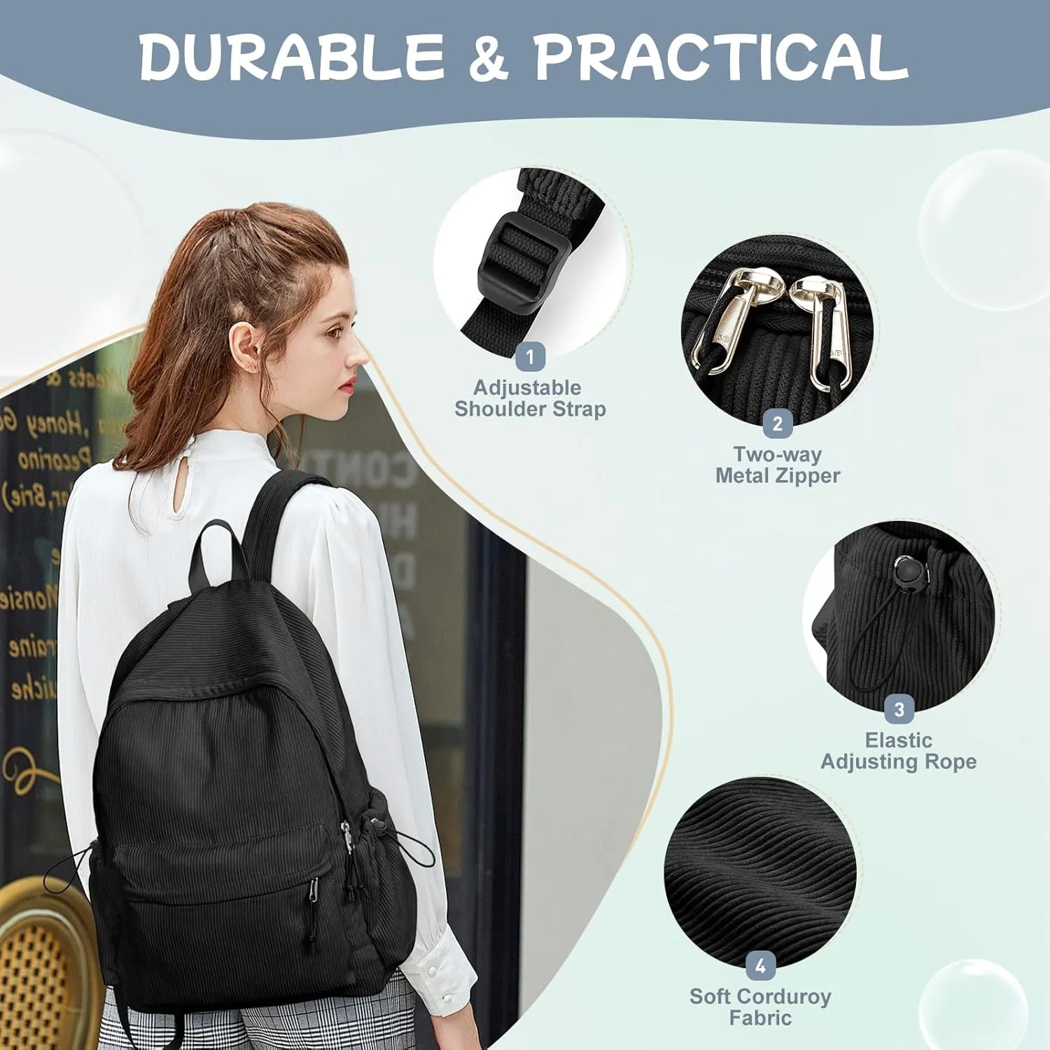 Black Corduroy Backpack for Women Men Cute College Backapck Aesthetic Backpack Preppy Backpacks Laptop Bags Women Commuter Back Pack Travel Backapck Casual Work Daypack Rucksack