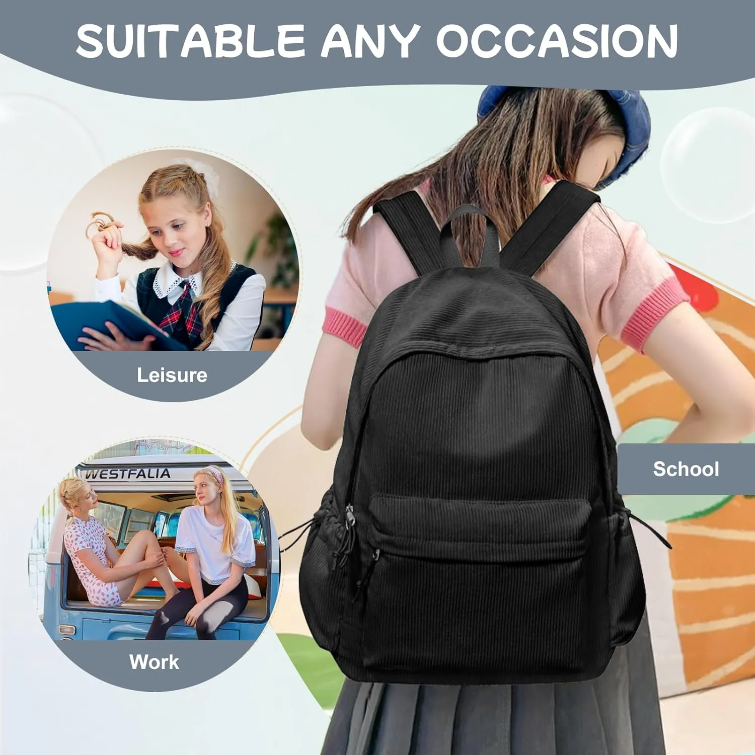 Black Corduroy Backpack for Women Men Cute College Backapck Aesthetic Backpack Preppy Backpacks Laptop Bags Women Commuter Back Pack Travel Backapck Casual Work Daypack Rucksack