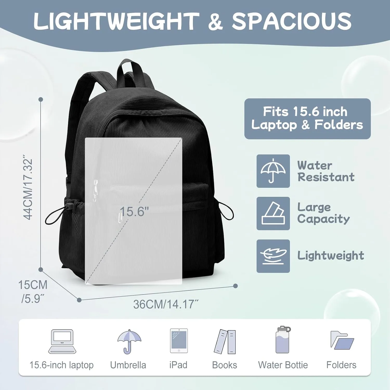 Black Corduroy Backpack for Women Men Cute College Backapck Aesthetic Backpack Preppy Backpacks Laptop Bags Women Commuter Back Pack Travel Backapck Casual Work Daypack Rucksack