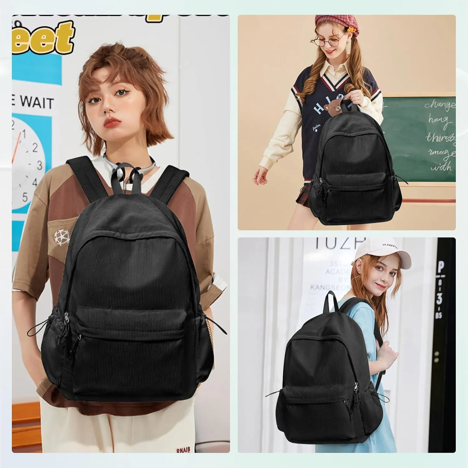 Black Corduroy Backpack for Women Men Cute College Backapck Aesthetic Backpack Preppy Backpacks Laptop Bags Women Commuter Back Pack Travel Backapck Casual Work Daypack Rucksack