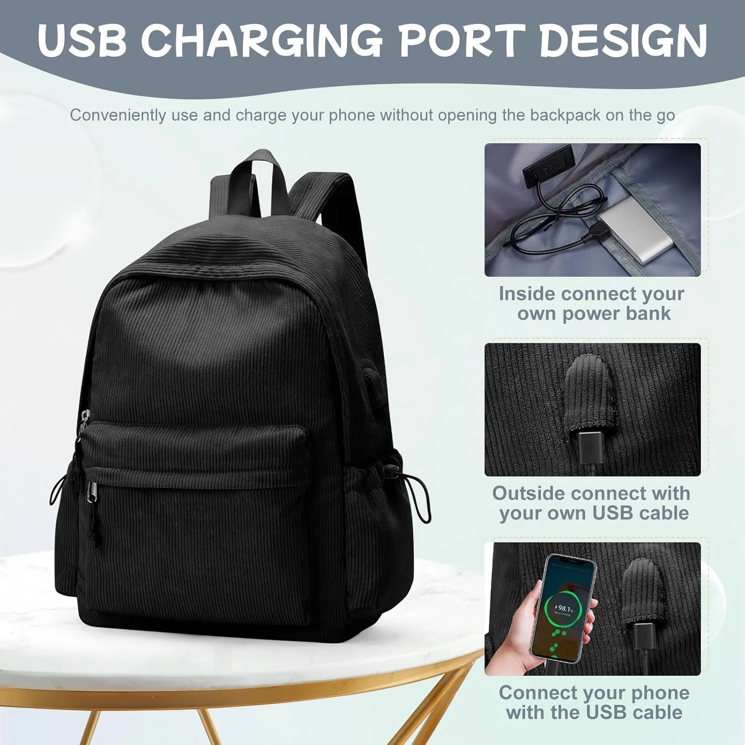 Black Corduroy Backpack for Women Men Cute College Backapck Aesthetic Backpack Preppy Backpacks Laptop Bags Women Commuter Back Pack Travel Backapck Casual Work Daypack Rucksack