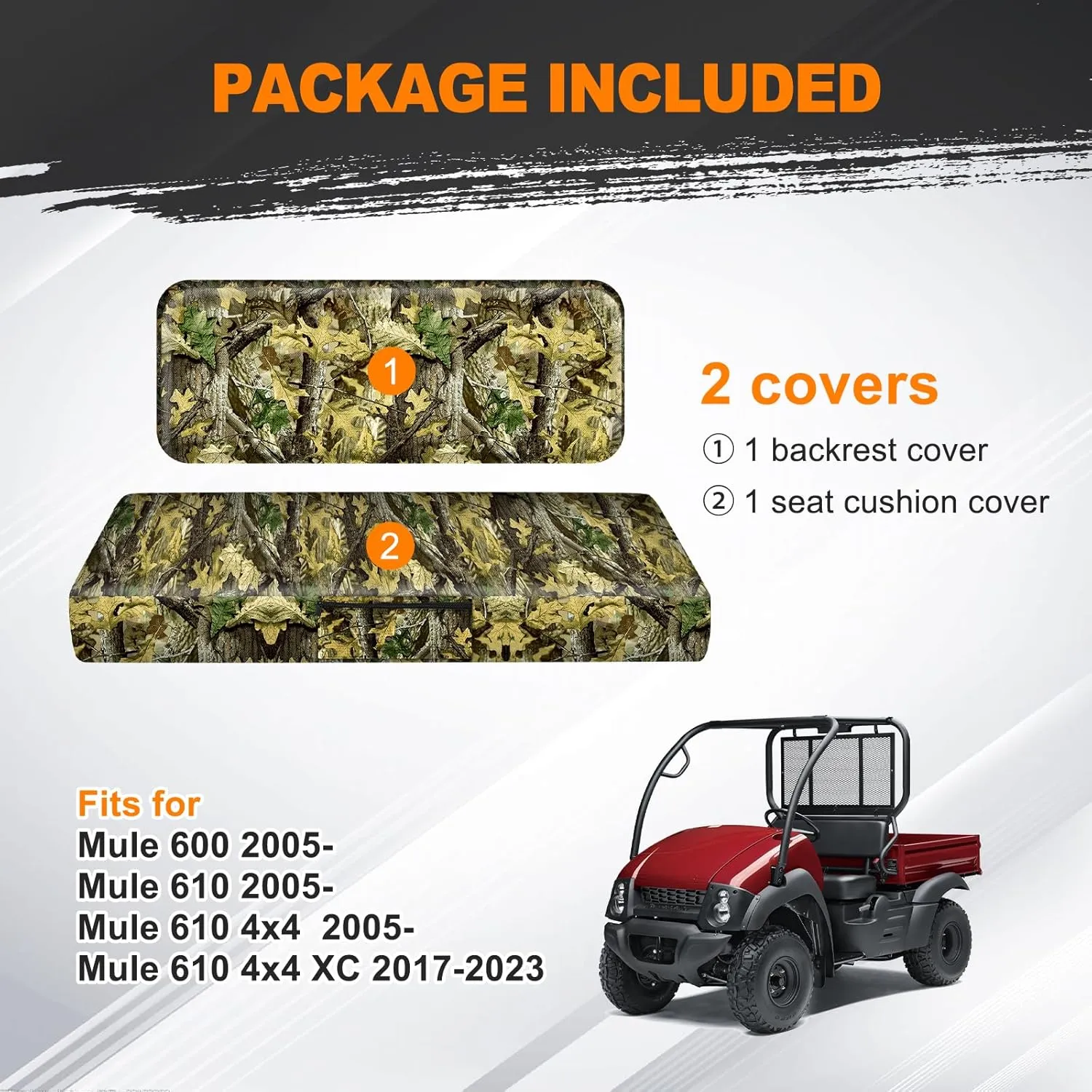 BORDAN UTV Waterproof Seat Cover for Kawasaki Mule 600 610 2005-2016 Mule SX 2017-2023, Heavy Duty 1680D Full Protection Camo Seat Cover for UTV Outdoor(2 PCS)