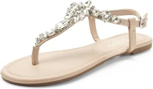 Colgo Women's T-Strap Flat Sandals, Elegant Glitter Rhinestone Thong Dress Shoes, Comfortable Wedding Sandals for Summer Beach Parties
