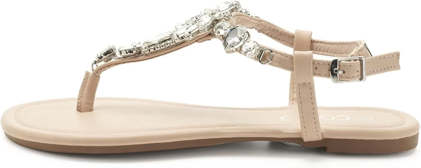 Colgo Women's T-Strap Flat Sandals, Elegant Glitter Rhinestone Thong Dress Shoes, Comfortable Wedding Sandals for Summer Beach Parties