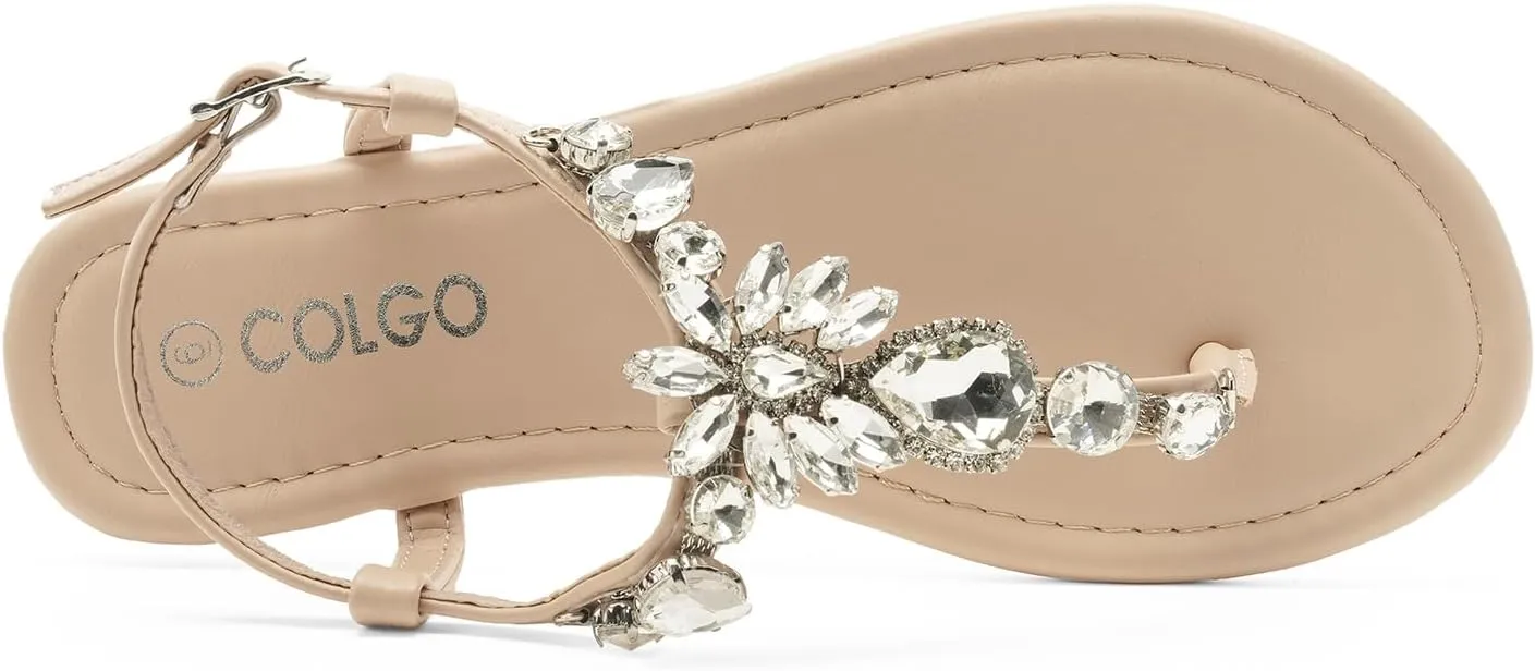 Colgo Women's T-Strap Flat Sandals, Elegant Glitter Rhinestone Thong Dress Shoes, Comfortable Wedding Sandals for Summer Beach Parties