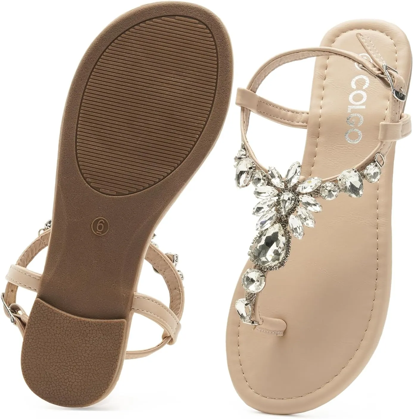 Colgo Women's T-Strap Flat Sandals, Elegant Glitter Rhinestone Thong Dress Shoes, Comfortable Wedding Sandals for Summer Beach Parties