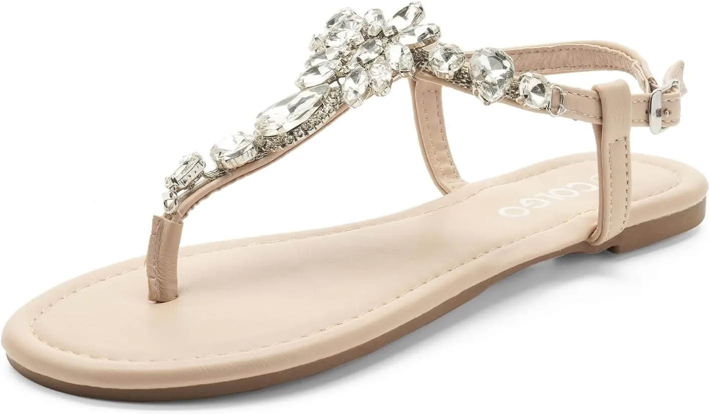 Colgo Women's T-Strap Flat Sandals, Elegant Glitter Rhinestone Thong Dress Shoes, Comfortable Wedding Sandals for Summer Beach Parties