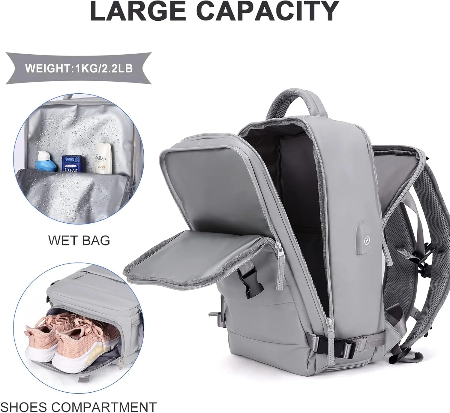 coowoz Large Travel Backpack For Women Men,Carry On Backpack,Hiking Backpack Waterproof Outdoor Sports Rucksack Casual Daypack Travel Essentials(Grey)