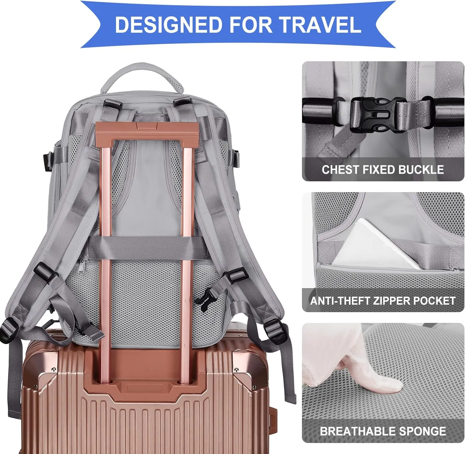 coowoz Large Travel Backpack For Women Men,Carry On Backpack,Hiking Backpack Waterproof Outdoor Sports Rucksack Casual Daypack Travel Essentials(Grey)
