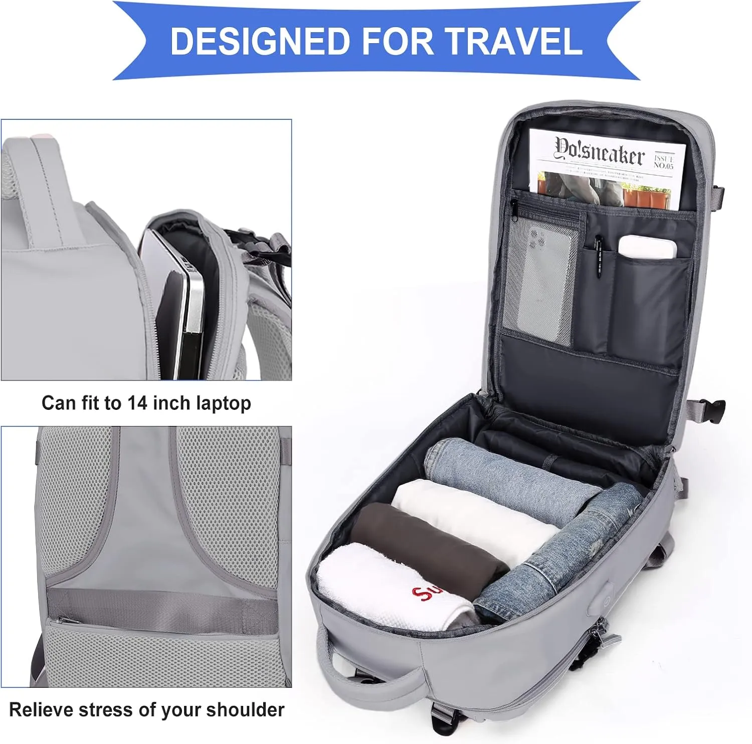 coowoz Large Travel Backpack For Women Men,Carry On Backpack,Hiking Backpack Waterproof Outdoor Sports Rucksack Casual Daypack Travel Essentials(Grey)