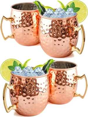 Copper Cure Moscow Mule Mugs | Large Size 19 ounces | Set of 4 Hammered Cups | Stainless Steel Lining | Pure Copper Plating | Gold Brass Handles Gift Pack